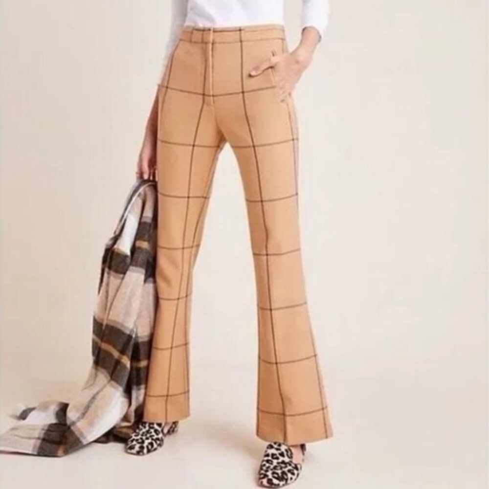 Anthropologie $130 Wiley Windowpane High Waisted Bootcut Trousers Camel 12
